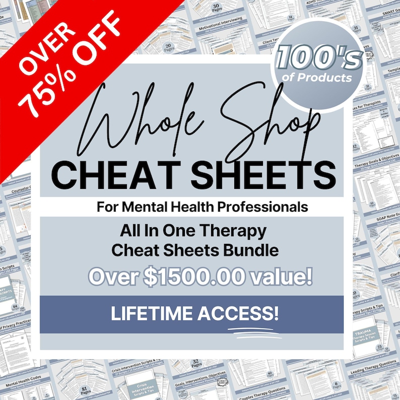 Printable therapy cheat sheets bundle image showing a comprehensive toolkit of CBT DBT EMDR IFS intervention sheets ideal for clinician reference and session planning digital download