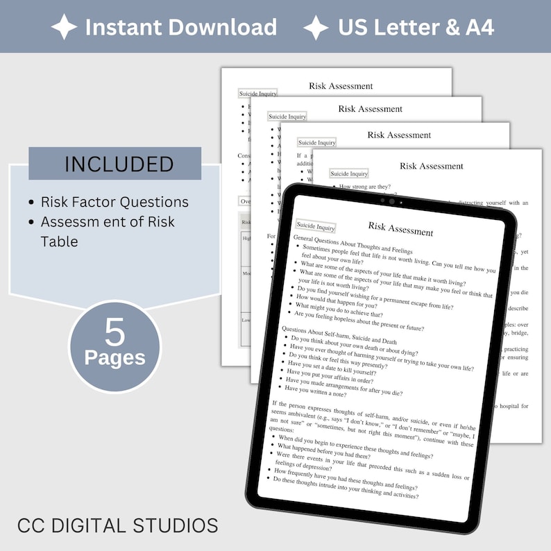 Mental Health Risk Assessment fillable PDF template. Designed for counselors and therapists, this suicide assessment tool includes essential suicide therapy questions to ask at-risk clients. Counselor risk note template