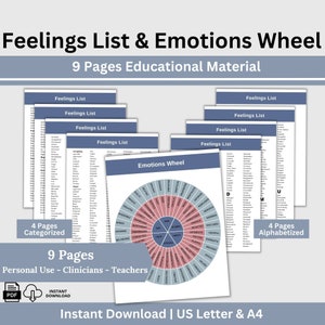 Peut inclure: Un ensemble de 9 pages imprimables de matériel éducatif pour un usage personnel, comprenant une liste de sentiments et une roue des émotions. La liste des sentiments est catégorisée et alphabétisée. La roue des émotions est un cercle coloré avec différentes émotions énumérées sur le bord.
