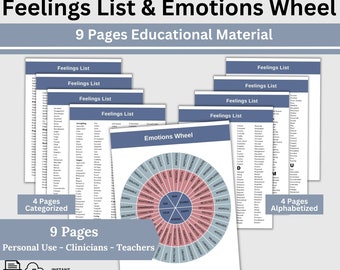 Emotion Wheel and Feelings List, Therapy Tool, Feelings Wheel, Emotional Support Therapy Tools, School Counselor Resource, Mood Chart