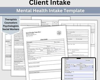 Könnte beinhalten: Ein schwarz-weißes, druckbares Formular zur Aufnahme von Klienten für Therapeuten, Berater, Psychologen und Sozialarbeiter. Das Formular enthält Abschnitte für Demografie, Medikamente, Operationsgeschichte, Bildungs- und Arbeitsgeschichte sowie Gründe für die Suche nach einer Therapie. Das Formular ist mit "Klientenaufnahme" und "Vorlage für die Aufnahme in der psychischen Gesundheit" beschriftet.