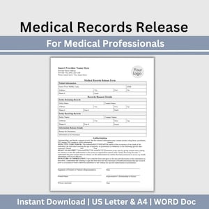 Medical Records Release Form: Printable Healthcare Authorization (WORD doc, US Letter & A4)