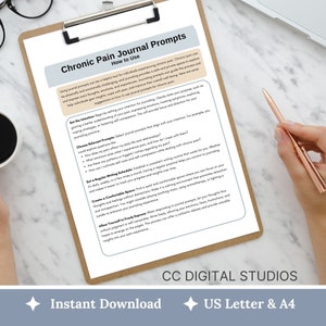 Printed pages on clipboard demonstrating how the prompts guide symptom logs, medication reflections, and lifestyle experiments so users can spot patterns faster and bring organized notes to appointments.