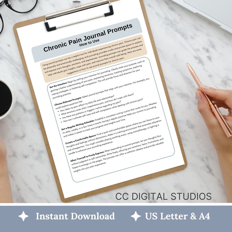 Printed pages on clipboard demonstrating how the prompts guide symptom logs, medication reflections, and lifestyle experiments so users can spot patterns faster and bring organized notes to appointments.