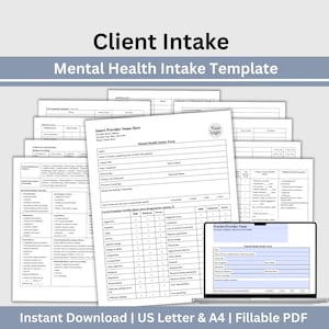 May include: A black and white printable mental health intake form template with the text "Client Intake" and "Mental Health Intake Template" at the top. The form includes sections for client information, symptoms checklist, and childhood family experiences.