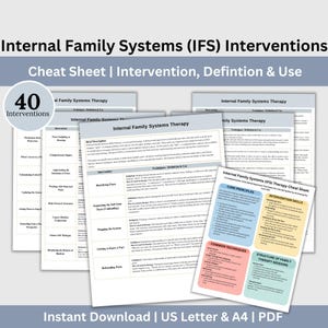May include: A set of printed cheat sheets detailing Internal Family Systems (IFS) Interventions. The sheets cover interventions, definitions, and usage, with emphasis on core principles and intervention skills. The text "40 Interventions" is visible.