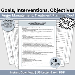Anger Management Therapy Tool Goals Interventions and Measurable Objectives, Therapy Cheat Sheets, Ideal for Therapy Treatment Plan