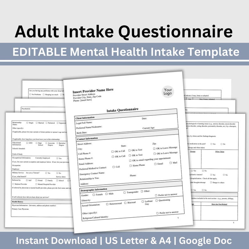 Adult Intake Questionnaire Mental Health Forms Digital Download Google ...