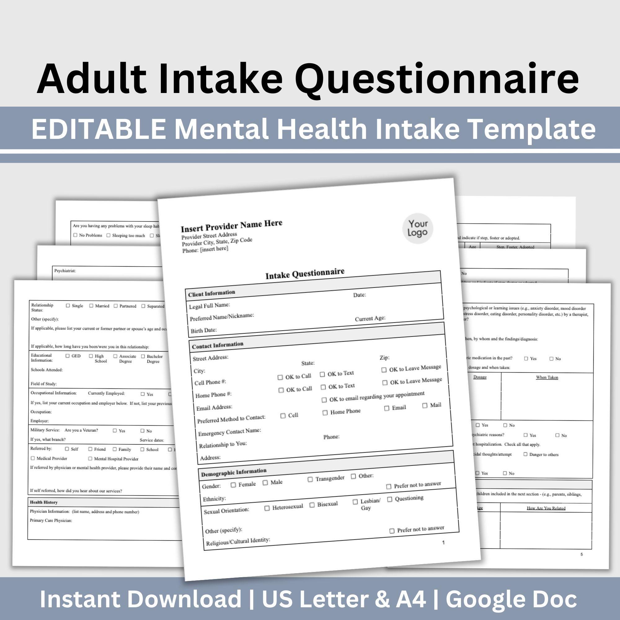 Adult Intake Questionnaire Mental Health Forms Digital Download Google ...