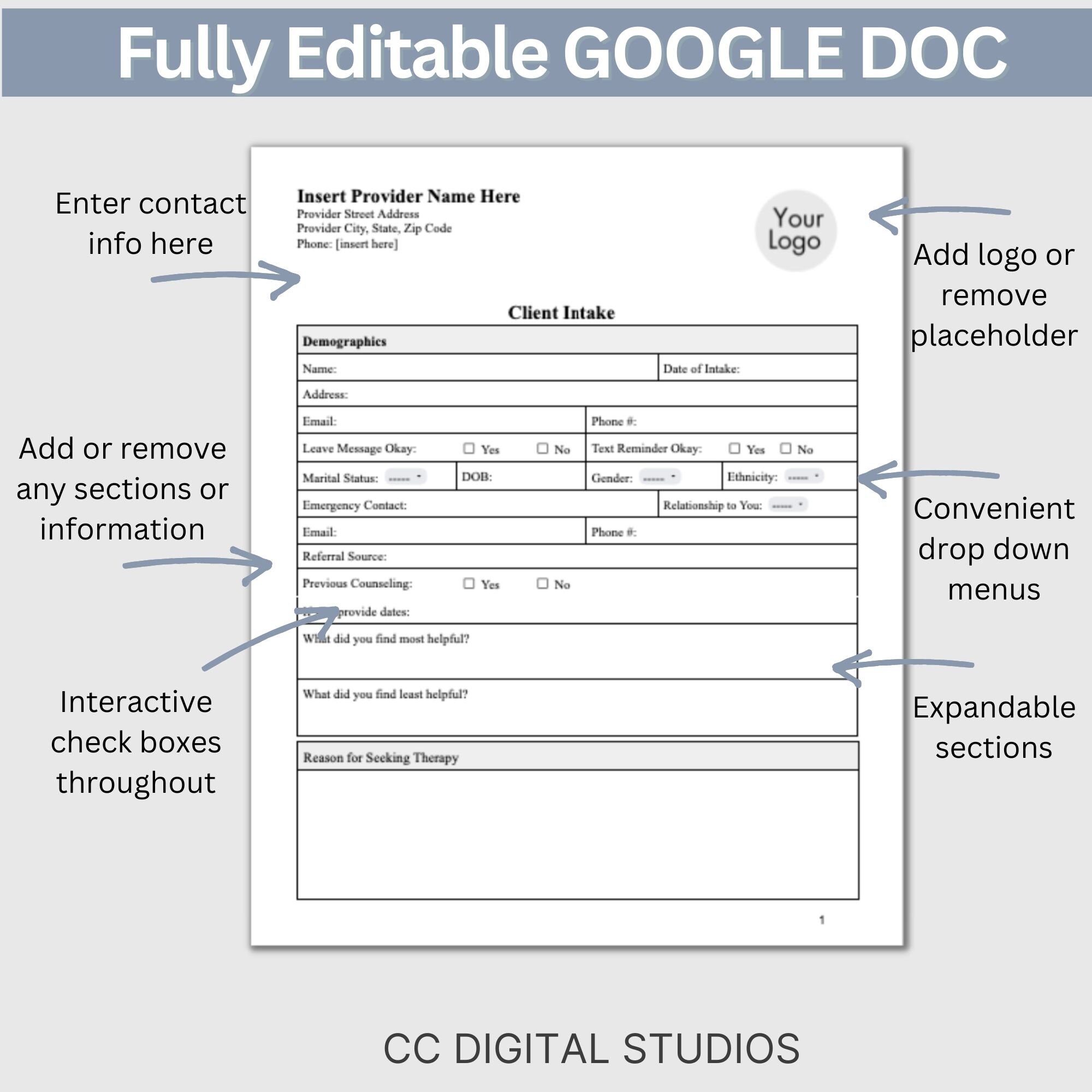 Mental Health Client Intake Form: Therapy Office Template (google Doc ...