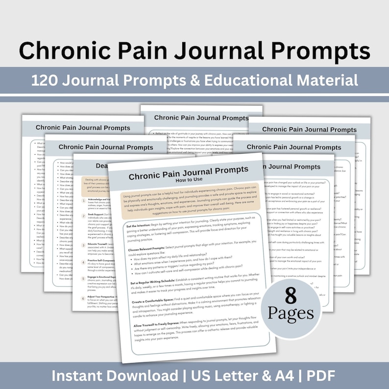 Chronic Pain Journal Prompts shown on tablet and printed pages with a calm, minimalist layout, a digital set of 120 in-depth questions crafted to support reflection, track patterns, and build daily self-care habits for living with persistent pain.