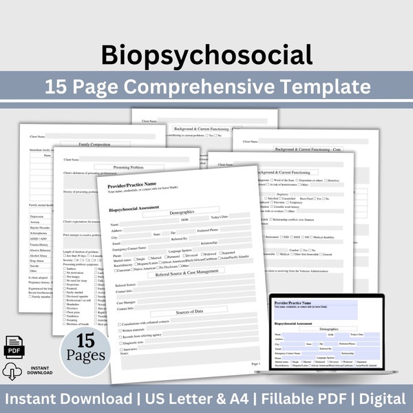 Biopsychosocial Intake Assessment Form, Comprehensive Fillable Template, Easy Note Taking and Documentation, Therapist Resources & Tools