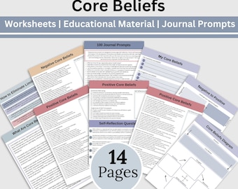 May include: A set of 14 printable worksheets and journal prompts designed to help people explore their core beliefs. The worksheets are in a pink and gray color scheme and feature titles like "Negative Core Beliefs", "Positive Core Beliefs", and "How to Eliminate Limiting Beliefs".