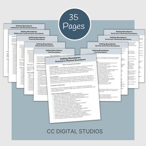 May include: A set of 35 printable pages with tips and scripts for setting boundaries in different areas of life, including intellectual and mental, digital and communication, financial, relationship, time, personal and physical, social and community, and spiritual and ethical. The pages are titled "Setting Boundaries" and feature the text "35 Pages" in a circle at the top.
