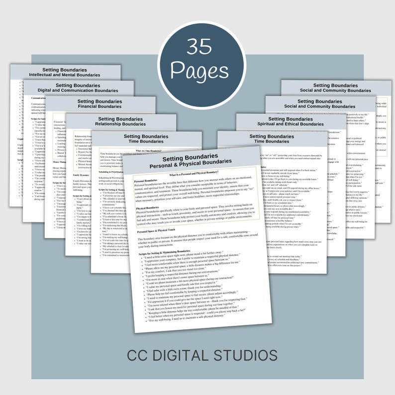 May include: A set of 35 printable pages with tips and scripts for setting boundaries in different areas of life, including intellectual and mental, digital and communication, financial, relationship, time, personal and physical, social and community, and spiritual and ethical. The pages are titled "Setting Boundaries" and feature the text "35 Pages" in a circle at the top.