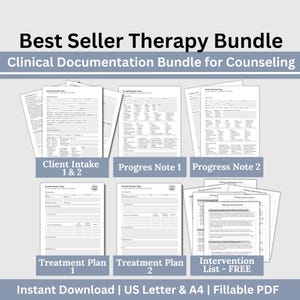 May include: A set of printable therapy forms for counseling, including client intake forms, progress notes, treatment plans, and an intervention list. The forms are designed for instant download and are fillable PDFs.