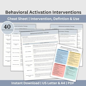 Puede incluir: Una hoja de trucos imprimible para intervenciones de terapia de activación conductual. La hoja incluye 40 intervenciones, definiciones y usos. La hoja está dividida en secciones, incluyendo principios básicos, habilidades de intervención, técnicas comunes y estructura de las sesiones. La hoja está en un esquema de color azul claro, blanco y gris.