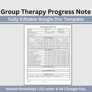Pode incluir: Um modelo de nota de progresso de terapia de grupo imprimível em preto e branco. O modelo inclui seções para informações do cliente, comportamento do cliente durante o grupo, cliente dentro do grupo, como o cliente influenciou o grupo e a reação do grupo ao cliente. O modelo é totalmente editável e pode ser usado no Google Docs.
