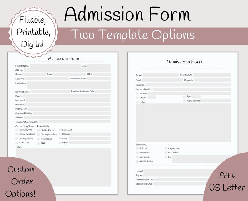 Admissions Form Skilled Nursing Facility Forms Custom Design Etsy Canada