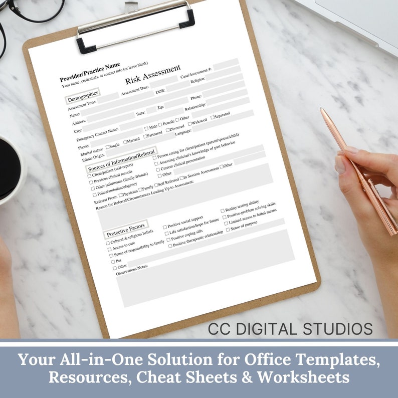 Mental Health Risk Assessment fillable PDF template. Designed for counselors and therapists, this suicide assessment tool includes essential suicide therapy questions to ask at-risk clients. Counselor risk note template