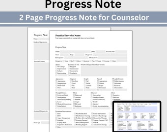Plantilla de notas de progreso de terapia, formulario rellenable para consejeros (tamaños Carta y A4) (descarga digital)