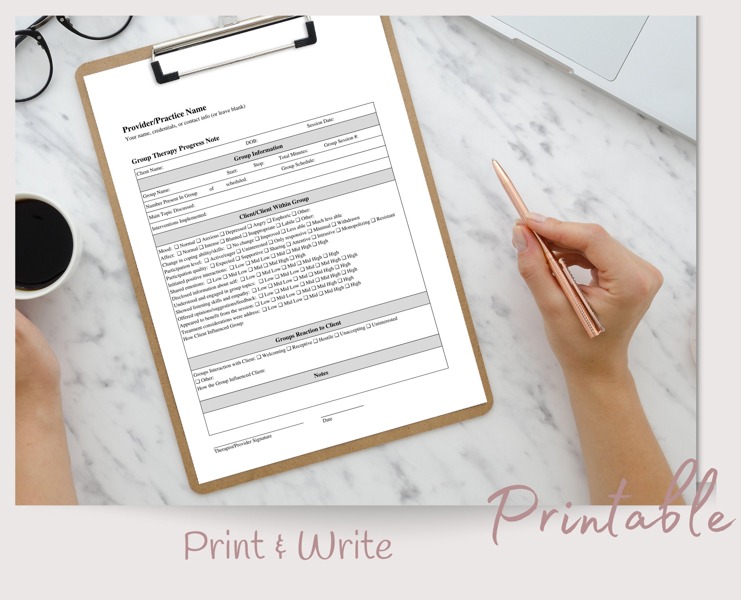 Group Progress Note, Fillable Template for Counselors, Group Therapy