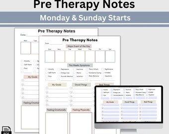Pre Therapy Notes Tracker: Session Log, Mood Tracker (Printable PDF)