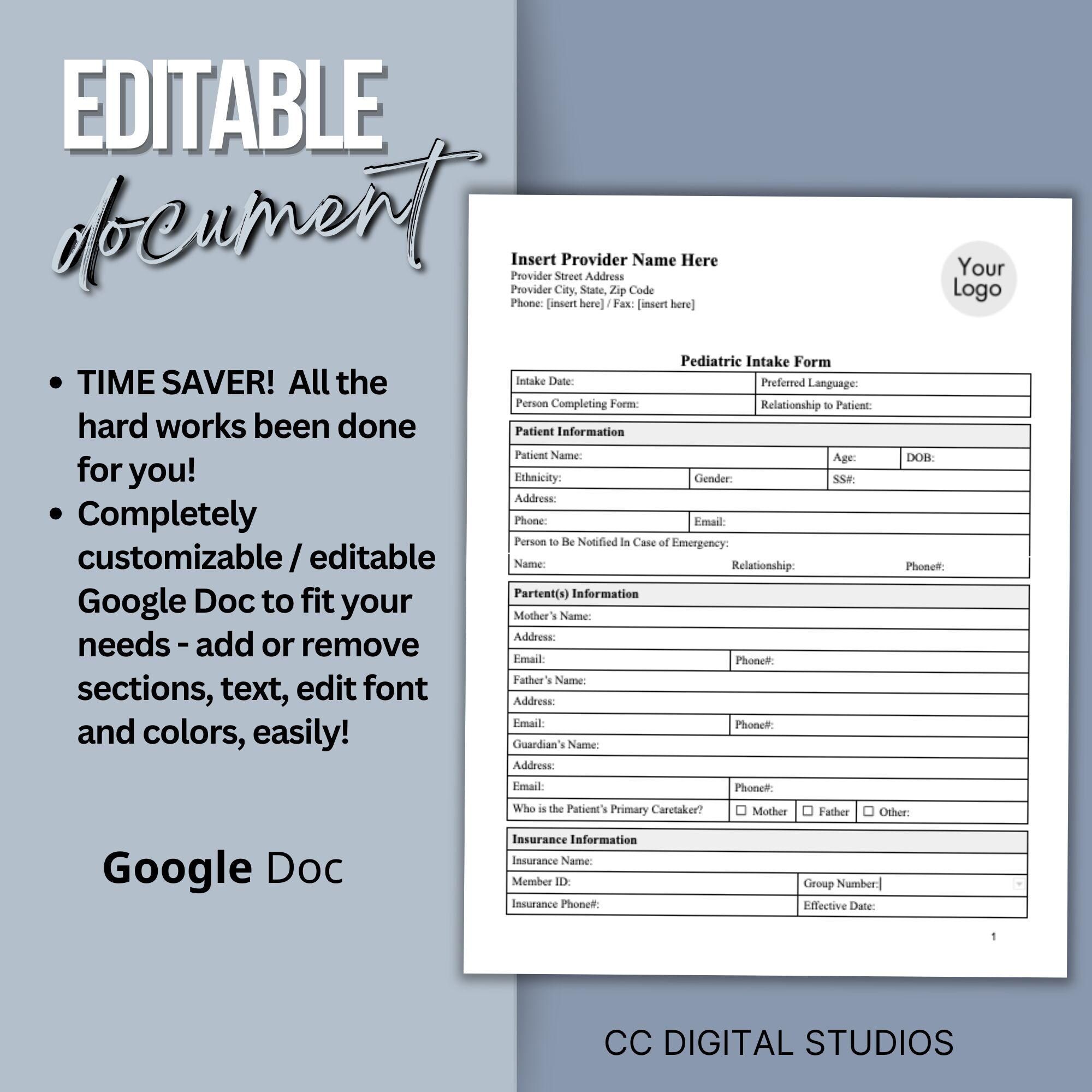Pediatric Medical Intake Form: Editable Google Doc Template (US Letter ...