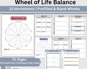 May include: A digital download of 33 printable worksheets for a wheel of life balance exercise. The worksheets include blank wheels, prefilled wheels, and evaluation and action steps sections. The worksheets are designed for personal use, clinicians, and life coaches. The text "Wheel of Life Balance" is at the top of the image. The text "33 Worksheets | Prefilled & Blank Wheels" is below the title. The text "33 Pages" is at the bottom of the image. The text "Personal Use | Clinicians | Life Coach" is below the page count. The text "Instant Download | US Letter & A4 | Fillable | Digital" is at the bottom of the image.