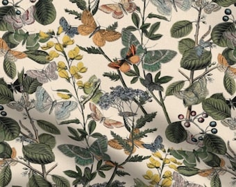 May include: A vintage botanical illustration featuring a repeating pattern of butterflies and flowers on a cream background. The butterflies are depicted in various colors, including blue, green, orange, and black. The flowers are yellow, white, and green.