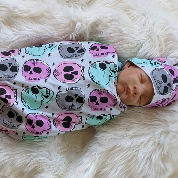 Candy Skull Baby Blanket,  Girl Skulls in Pink Mint Baby Swaddle Blanket + matching Hat or Headband, Goth Baby