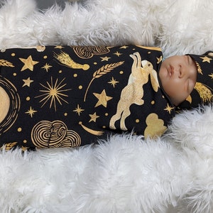 Witchy Baby Wrap, Harvest Moon Hares Swaddle + Hat or Band, Celestial Moon & Stars Nursery, Boho Moon Bunny