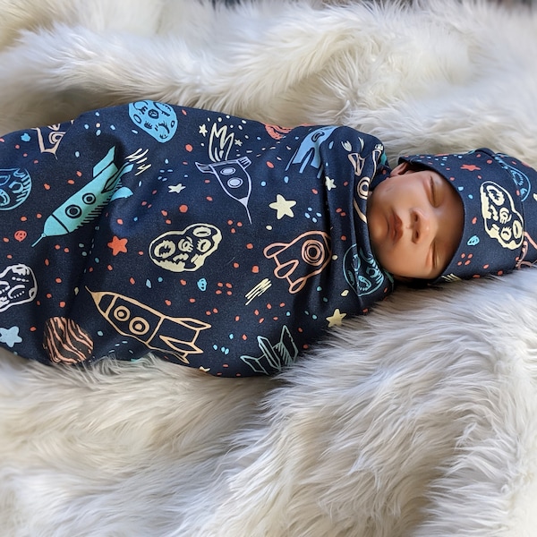 Outer Space Baby Blanket + Matching at or Headband in Navy Blue, LG Stretch, Planet Swaddle, Moon Star Newborn