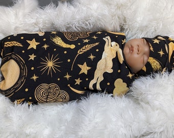 Witchy Rabbit Baby Wrap, Harvest Moon Hares Swaddle + Hat or Band, Celestial Moon & Stars Nursery, Boho Moon Bunny