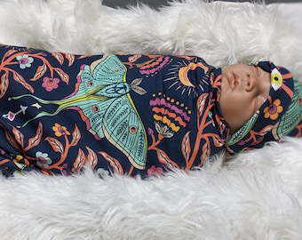 Witchy Baby Blanket, Celestial Moon Moth Floral Swaddle + Hat or Headband, Mystical Seeing Eye, Moon Moth, Goth Baby