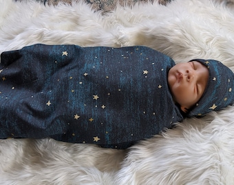 Star Baby Blanket + Beanie or Headband, Swaddle Blanket, Outer Space Nursing Cover, Hospital Going Home Outfit, Midnight Teal Blue Space