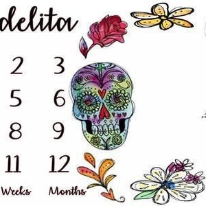 Manta de hito de calavera de azúcar para bebé, personalizada, manta de bebé de calavera personalizada Minky of Fleece, dia de los muertos, manta de calendario para recién nacidos