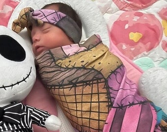 Goth Baby Swaddle with Matching Headband or Cuffed Hat, Soft Stretchy Purple & Blue Sally Rag Doll Nightmare Blanket Newborn Halloween