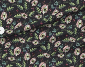 May include: A dark background with a repeating pattern of green eyes, pink flowers, and green leaves. The eyes are surrounded by a pink flower with a green center. The leaves are a dark green and have a jagged edge.