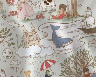 May include: A fabric print featuring a whimsical narrative scene with a person in a pink dress, a cow, a reading child, a castle, a blue whale in water, a sailing ship, a fox, a frog with an umbrella, trees, birds, stars, and a moon.