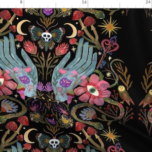 May include: A black background with a symmetrical pattern of colorful flowers, owls, snakes, butterflies, moons, stars, and hands. The hands are blue and have a variety of symbols on them. The flowers are pink and red with yellow centers. The owls are white with brown markings. The snakes are green and brown. The butterflies are black and white with red accents. The moons are white and the stars are yellow.