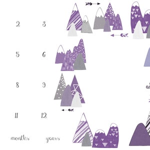 May include: Purple, gray, and white mountain-shaped illustrations with geometric patterns and snowflakes. The numbers 1 through 12 are listed in three rows, with the words "days", "months", and "years" below the numbers. The text "adventure awaits" is written in cursive with an arrow pointing to the right.