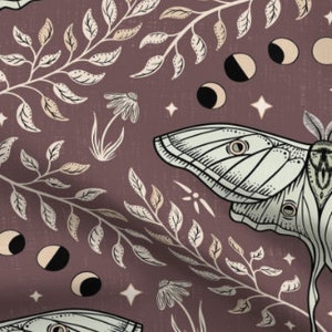 May include: A seamless pattern featuring a white moth with a brown head, surrounded by beige and white leaves and branches on a dark purple background. The pattern also includes white stars and crescent moons.