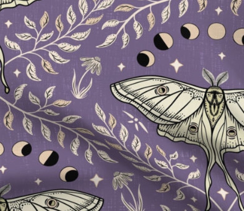May include: A seamless pattern featuring white moths with intricate wing details on a purple background. The pattern also includes delicate branches with leaves and crescent moons.