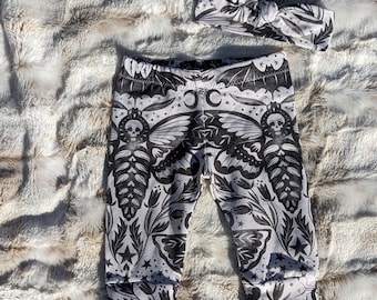Goth babykledingset - Sugar Skull shirt damast Deathshead Moth broek hoed of hoofdband - emo Hawkmoths Gothic Kids