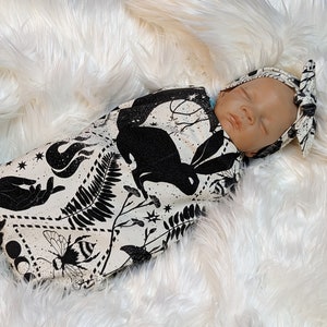 Manta de bebé de bruja, manta de bebé de mago blanco y negro + diadema con gorro, artículos góticos para bebé, conejito, abeja, luna creciente, guardería de fantasía