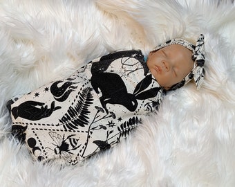 Witchy Baby Blanket, Black White Magician Land Swaddle + Hat Headband, Goth Baby Stuff,  Bunny Bee Crescent Moon, Fantasy Nursery
