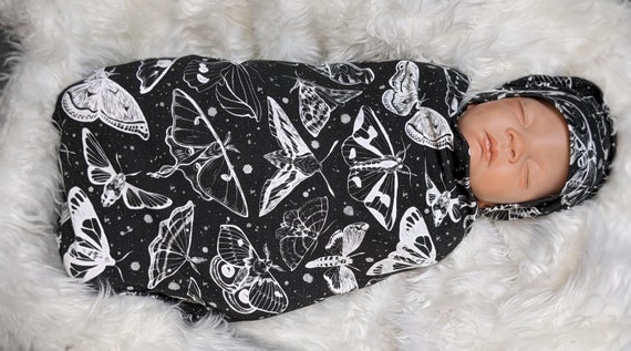 Goth Baby Swaddle Witchy White Moths Blanket Headband or Hat