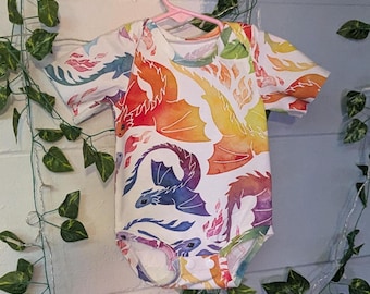 Handmade Dragon Print Baby Bodysuit, Snap Newborn Outfit