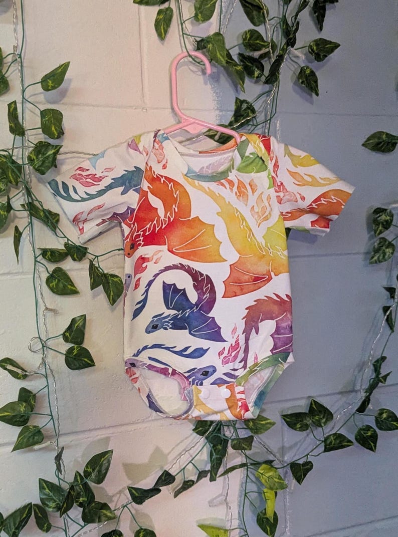 Baby Bodysuit, Handmade Snap Bodysuit, Choose your design, Mushroom Baby Clothes, Frog Newborn Outfit, Witchy Goth Baby Clothing Rainbow Dragons